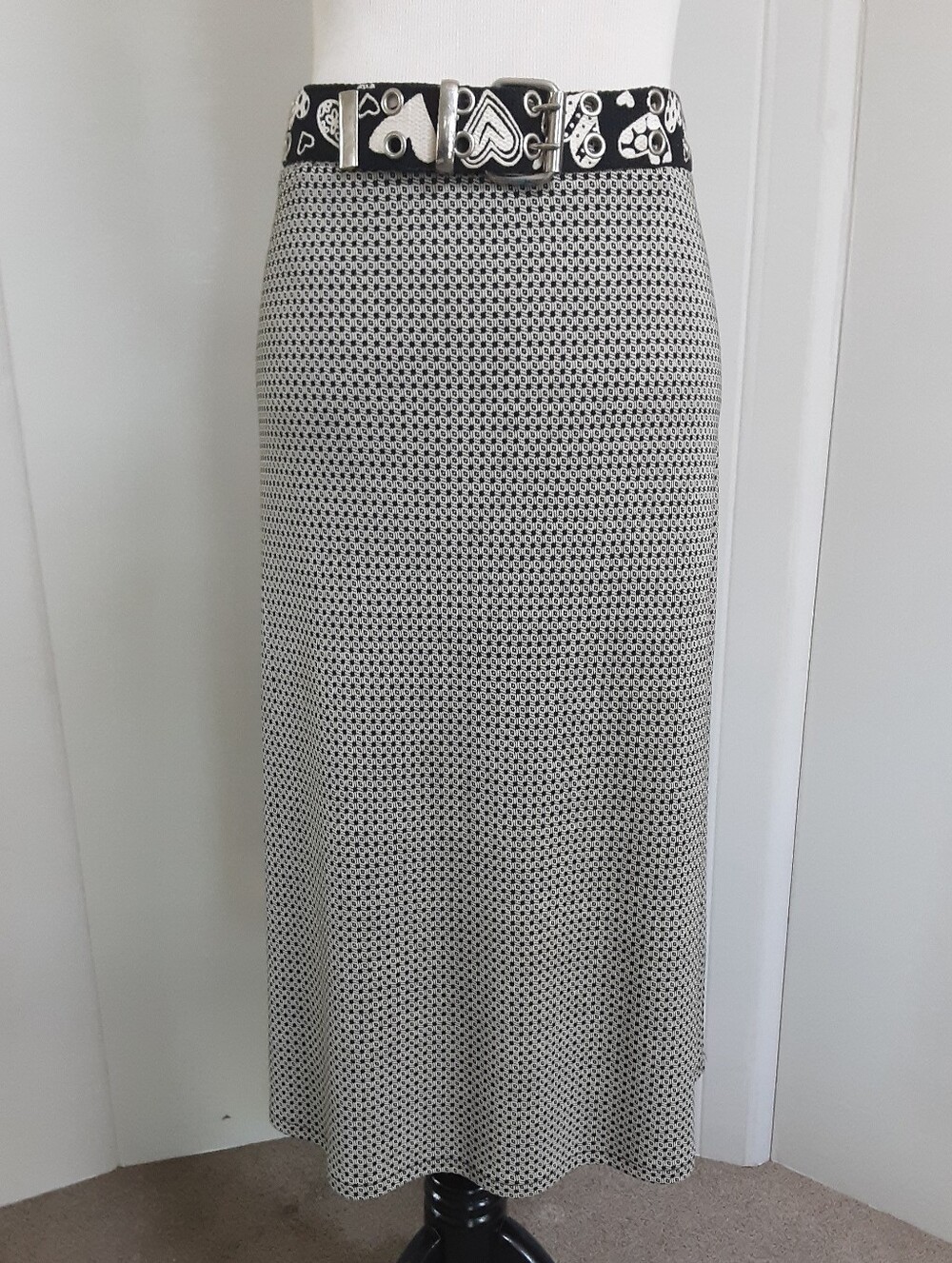 Career LIZ CLARIBORNE Classic Black White Geometric Knit Midi Skirt Sz L - Vtg
